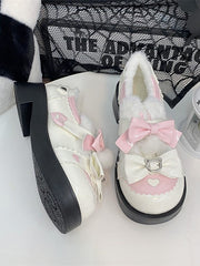 White and Pink Sweet Lolita Platform Mid Heels - Fleece-Lined with Bow Accents & Heart Details