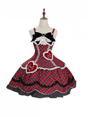 Red & Black Plaid Sweetheart Appliques Sweet Lolita JSK Dress with Scalloped Edge Trim