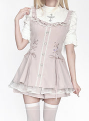 Jirai Kei Pink Coord Set: Short Sleeve Dress with Bib Bow Tie, Lace-Up Waist & Attached Shorts