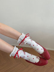 White/Black Sweet Strawberry Bowknot Details Lace Trim Calf Socks