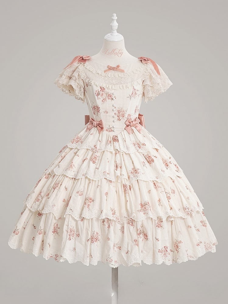 Pink&Beige Floral Print Lace Tiered Ruffle Elegant Classic Lolita Dresswith Bow Accents