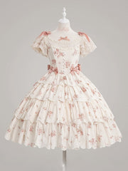 Pink&Beige Floral Print Lace Tiered Ruffle Elegant Classic Lolita Dresswith Bow Accents