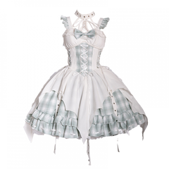White and Green Plaid Dress Strappy Punk Lolita Jumper Skirt