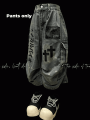 Wasteland Punk Light Blue Cross Appliques Distressed Wide-leg Cargo Jeans