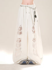 White Drawstring Waist Distressed Holes Wide-Leg Jeans