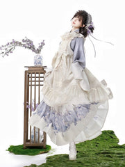 White & Purple Floral Print Ruffled Lolita Skirt + Cross-Collar Top + Beige Lace Trimmed Apron Set