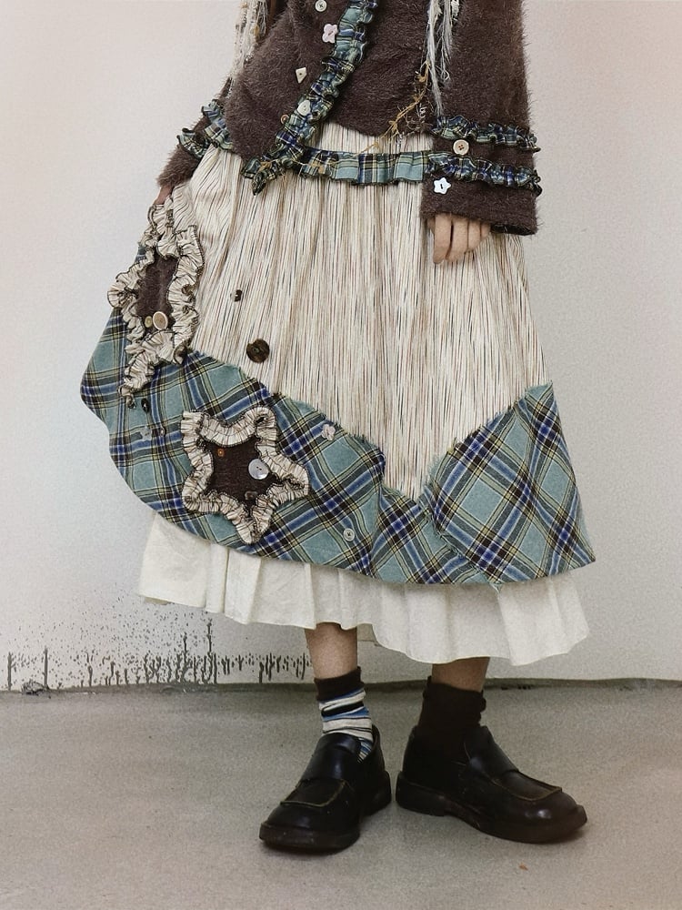 Bohemian Mori Kei Midi Skirt: Vintage Beige & Green Plaid Patchwork with Star Appliques