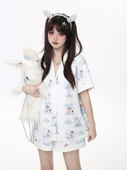 White Short Sleeve Pyjama Set with Puppy and Kitten Print