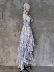 Purple Open Shoulder Fairycore Cascading Ruffle Chiffon Dress