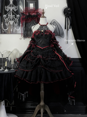 Black & Red Lace Trim Gothic Lolita Dress+Train+Headpiece+Detachable Sleeves+Waist Accessory+Wing Full Set – Curve-Friendly Fit