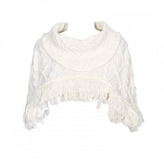 Cream White Cable Knit Thick Shawl with Fringe-Edged