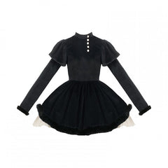 Black Short/Long Version Winter Maid Lolita Dress Plush Trim Cuffs and Hemline