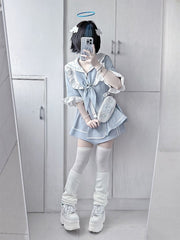 Light Blue Jirai Kei Full Set - Sailor Collor Detachable Sleeves Dress + Shorts + Free Scarf