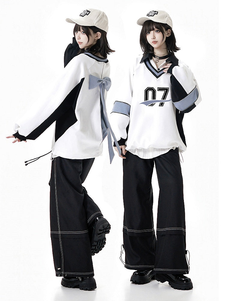 White V-Neck Regular/Back Bow Baseball-Style Sweatshirt with Front Numeric Design