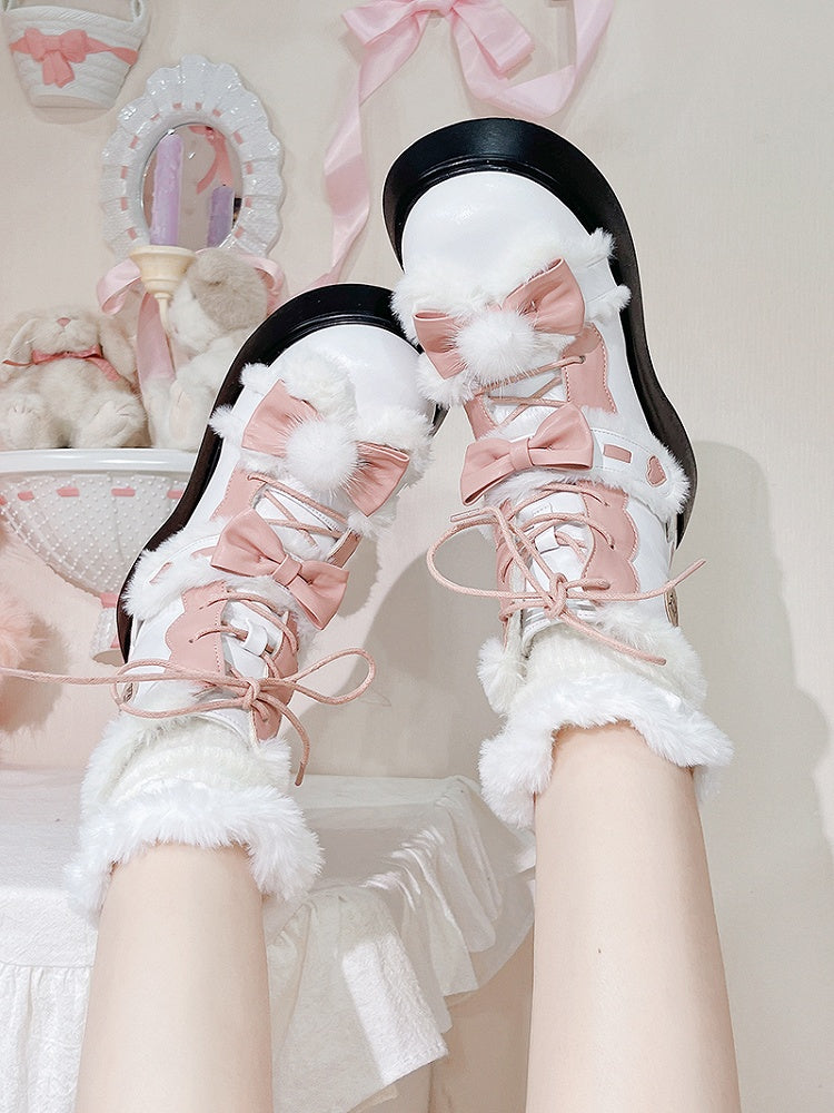 White Plush Bunny Ear Design Bow Accents Platform Fleece Ankle Boots