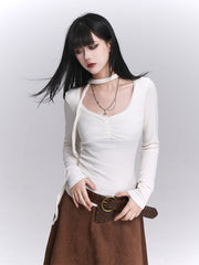 Versatile White U-Neck Long Sleeve Top with Front Ruches & Matching Neck Strap