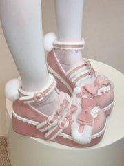 Round Toe Pink Sweet Lolita Platform Shoes with Bow Details, Lace Trim & Bunny Motifs
