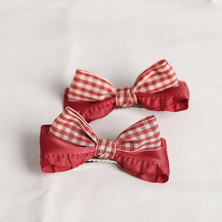 Red & White Plaided Lolita Bow Hairclips with Ruffled Edges