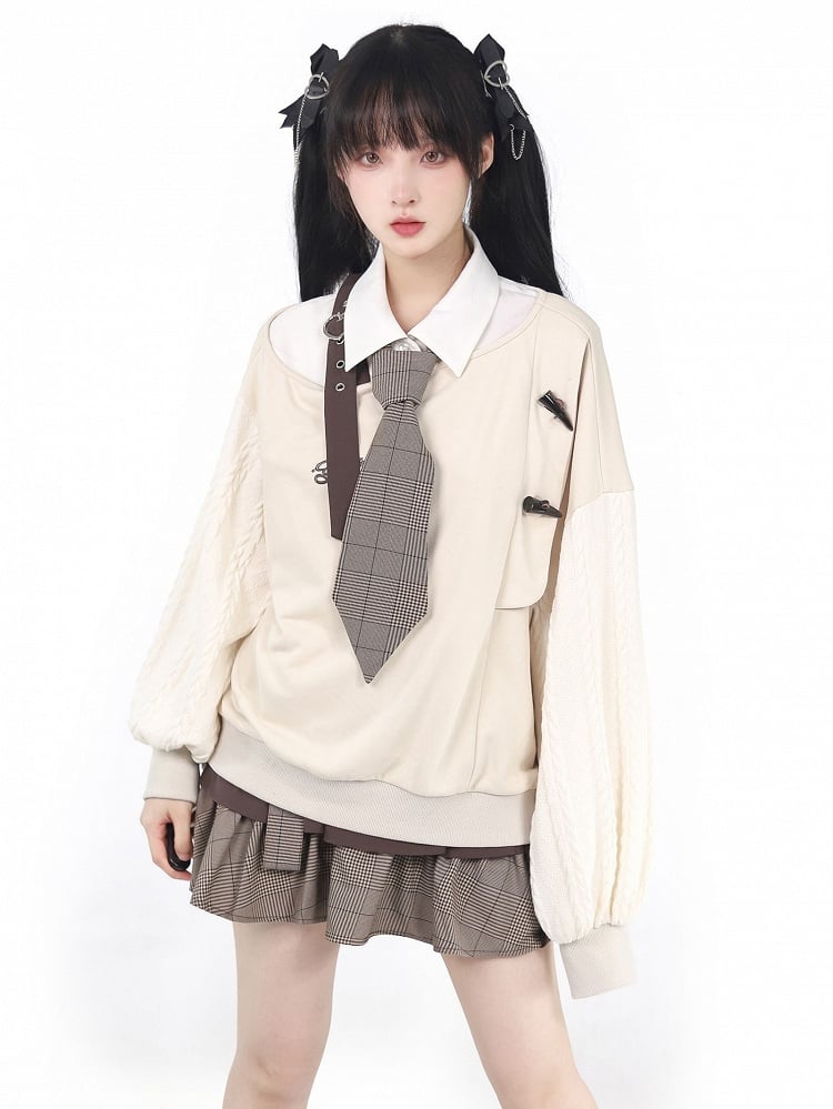 Knitted Sleeves Beige One Shoulder Sweatshirt