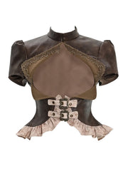 Clearance-Size XL for Bust 96CM Brown Steampunk Open Bust PU Leather Banded Collar Top