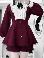 Clearance - Size L for Bust 94cm Deep Wine Red Jirai Kei Full Set: Dress with Cross Embroidered Pointed Collar, Shorts & Bow Tie
