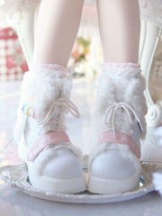 White Bunny Themed Winter Boots - Platform Sole with Plush Ear Accents & Hybrid Fastening
