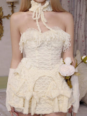 Cream White Fuzzy Knitted Lace Corset with Bow Accents