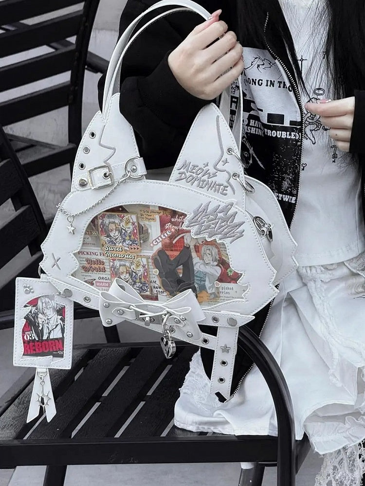 Kitty Ear Design Bowknot Studs Detail White PU Tote Ita Bag with  Free Card Holder