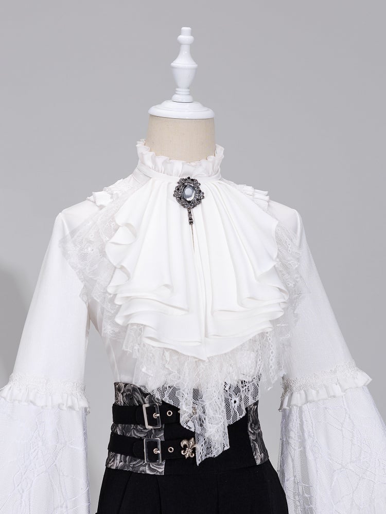 White Vintage Elegant Cascading Ruffles Lace Jabot Tie