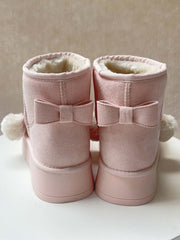 Sweet Pink Lolita Winter Platform Boots - Pompom Accent Bow Design with Embroidered Kitty & Warm Inner