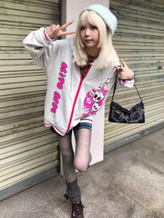 Pink Letter and Skull Print Zip Hoodie