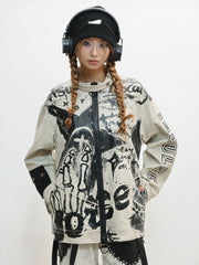 Grey Punk Jacket - Letter, Skeleton & Star Print with Plush Interior