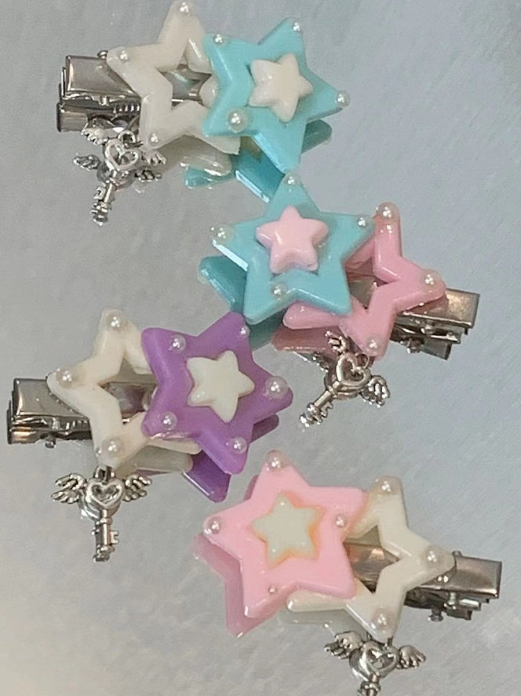 Star Hairclips with Key Charm 4 Color Options