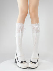 White Lace Cuff Calf Socks with 3 Colors Bow Straps