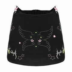 Y2K Gyaru Black Bodycon Skirt with Reflective Lining and Rhinestone Star Design