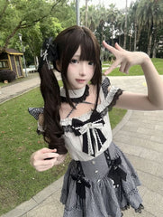 Jirai Kei Alt-Moe Black Plaid Cross Halter Top with Cutout Shoulder / High-Waist Skirt