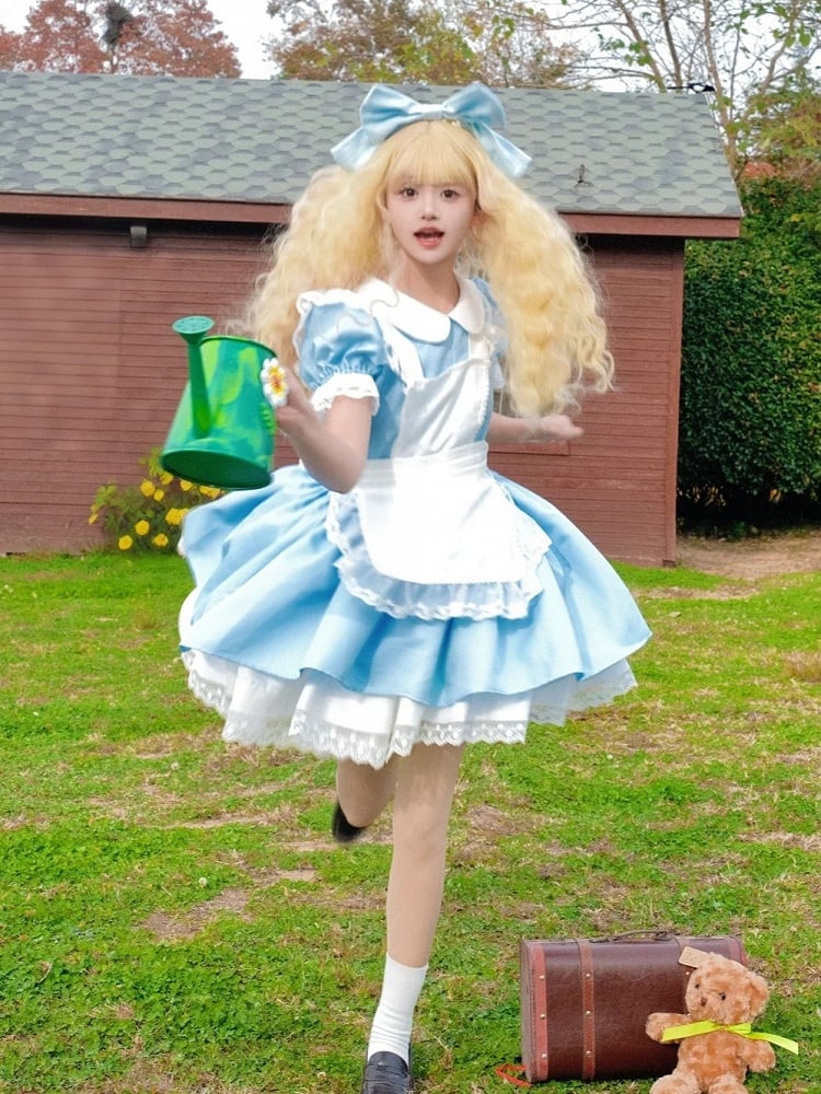 Plus Size Friendly Blue Short Version Maid One Piece + Apron Alice in Wonderland Vibes