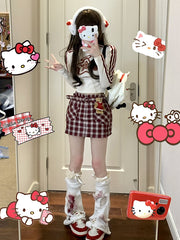 Waist Belt Design Side Slit Red Plaid Short Skirt