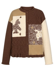 Vintage Beige & Brown Patchwork Knitted Cardigan with Pony Motif