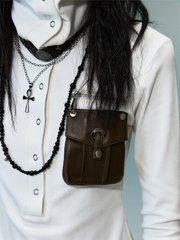 White Punk High-Neck Knit Top with Brown PU Pocket