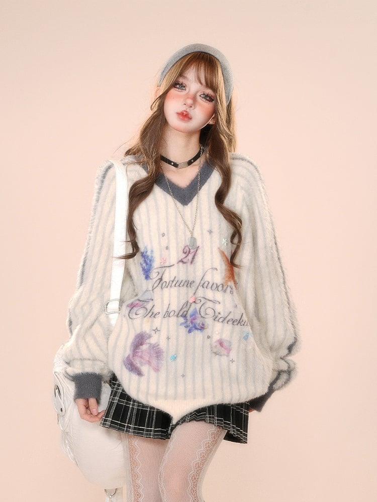 White Stripes V-Neck Plush Sweater with Ocean Print