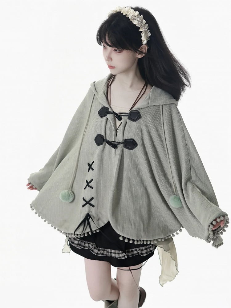 Mori Kei Dusty Green Hooded Cape with Pom-Pom Accents and Lace-Up Design