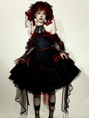 Black & Red Ruffled Layers Gothic Lolita Dress with Lace Trim and Bow Accents Soft & Curve-Friendly Styles