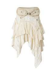 Wasteland Punk Style Off-white Tiered Skirt with Handkerchief Hemline & Patchwork Design
