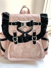 Jirai Kei Black / Black & Pink PU Backpack with Glitter Bow & Rhinestone Decor
