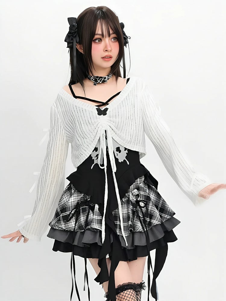 Y2K Black Cascading Ruffles Cami Top with White Coverup Set