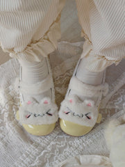 White Kitty Plushie & Snap Button Design Yellow Sweet PU Flat Shoes