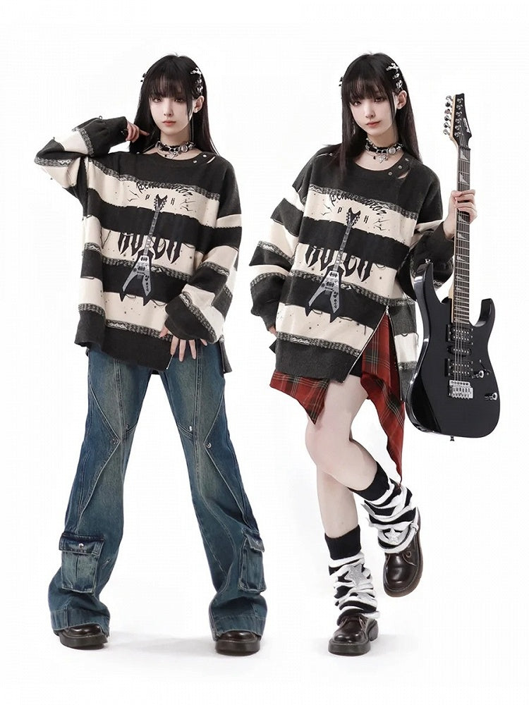 Zip Design Neckline and Hemline Gray and Creamy Striped Sweater