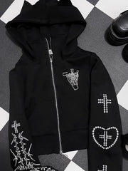Black Bittersweet Cross And Heart Design Cat Ear Hooded Jacket