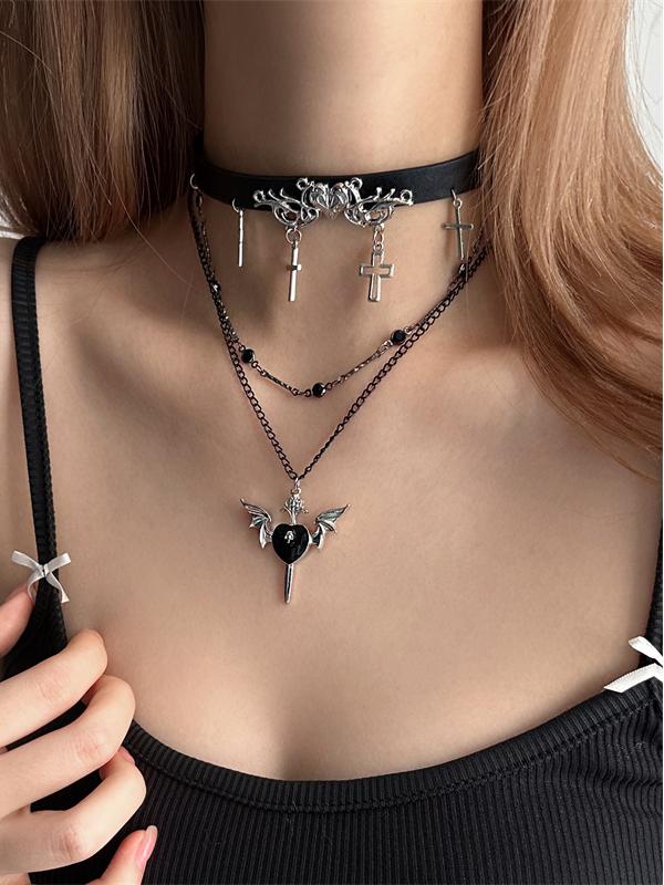 Y2K Multi-Layered Cross & Winged Heart Pendant Necklace